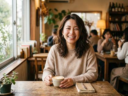 カフェで笑顔の女性がコーヒーを片手にカメラを見つめる。