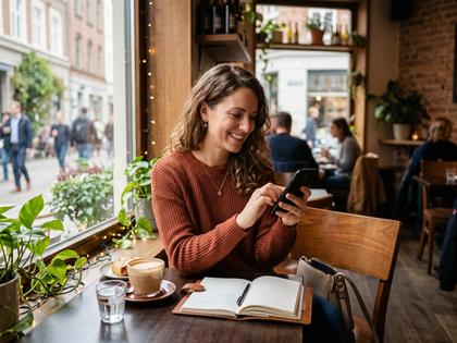 カフェでスマホを見ながらメッセージを送る30代女性