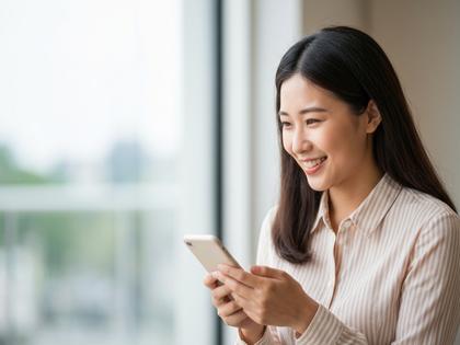 スマホでメッセージのやり取りをしながら微笑む女性のイメージ
