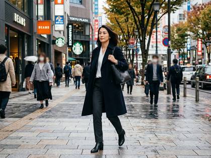 都会の通りを颯爽と歩く、ダークコートのビジネスウーマン。
