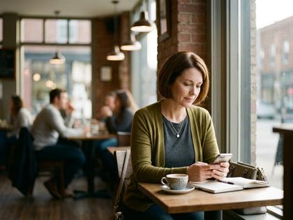 落ち着いた雰囲気の40代女性がカフェでスマホを見る様子