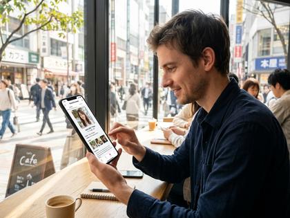 スマートフォンでマッチングアプリのプロフィールを確認する男性のイメージ