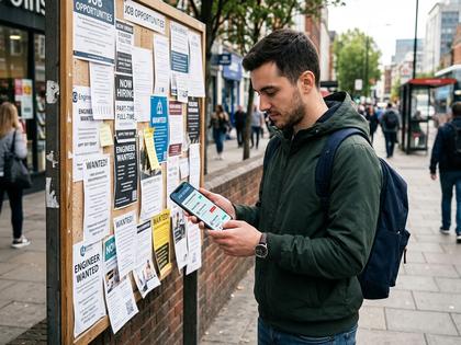 スマートフォンで掲示板の募集を眺めている男性