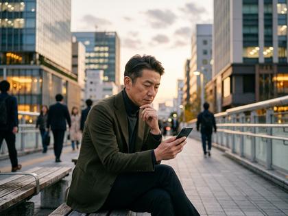 スマートフォンを見ながら考え込む男性のイメージ