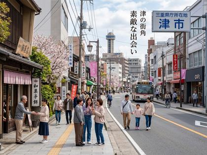三重県の県庁所在地・津市の街並みと出会いをイメージする画像