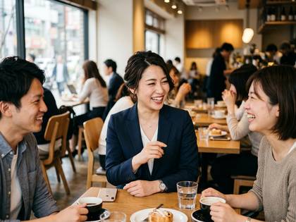 カフェで笑顔で談笑する人々。