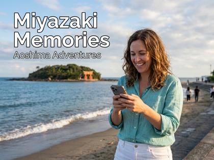 宮崎の青島近くでスマートフォンを見ながら笑顔の女性