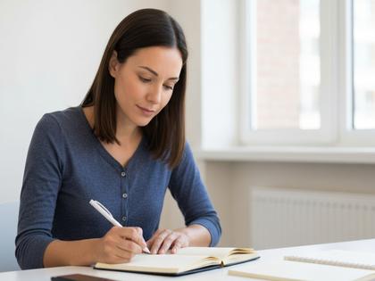 ノートに気持ちを書き出す落ち着いた雰囲気の女性