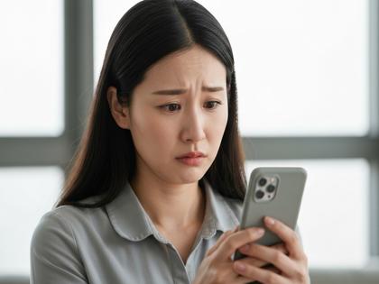 スマートフォンを見ながら少し悩んでいる様子の女性