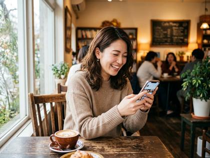 カフェでスマホを見ながら微笑む女性のイメージ