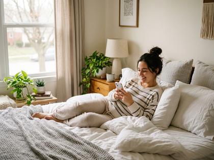 ベッドの上でリラックスしながらスマホを見る女性のイメージ