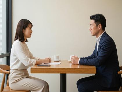 カフェで初対面の男女が穏やかに会話している様子