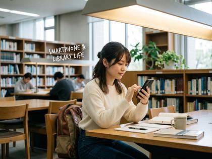 大学の図書館でスマートフォンを操作する女子大生