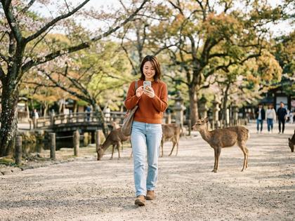 奈良公園を歩きながらスマホでマッチングアプリを見る20代女性