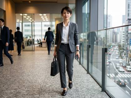 都市のオフィスを笑顔で歩く、ビジネススーツ姿の女性。
