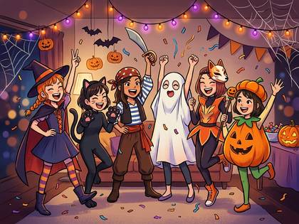 ハロウィンパーティーで仮装した子供たちが笑顔で楽しむ。