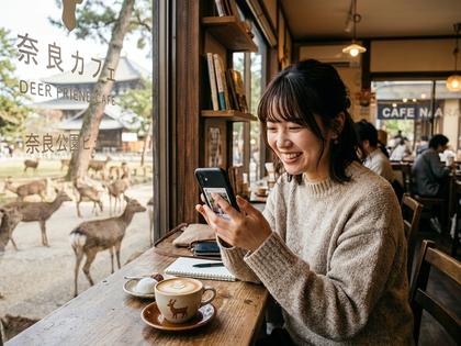 奈良のカフェでスマホを見ながら笑う20代女性