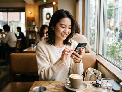 カフェでコーヒーを飲みながら笑顔でスマホを操作する女性。