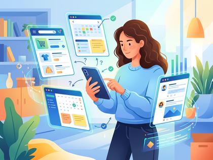 スマホで複数のアプリを比較する女性のイラスト