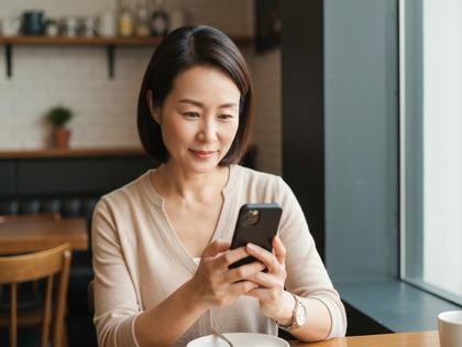 落ち着いた雰囲気の40代女性がカフェでスマホを見ている様子