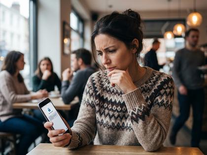スマホを見ながら少し警戒した表情の女性