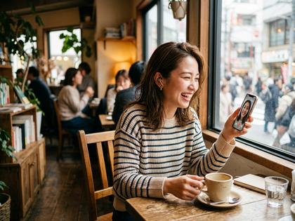 カフェでスマホを見ながら笑顔で話している女性のイメージ