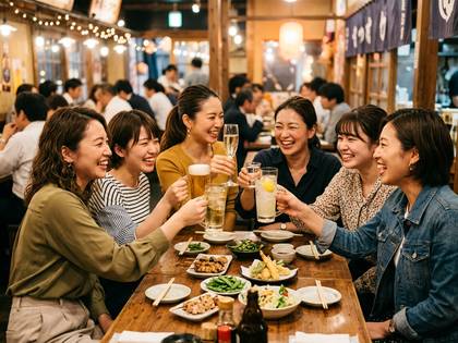 賑やかな居酒屋で、笑顔で食事と飲み物を楽しむ女性たち。