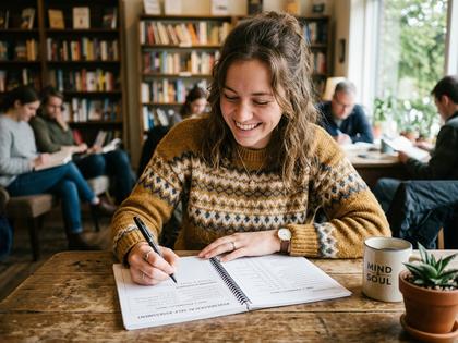 ノートに心理テストを書き込みながら微笑む女性のイメージ