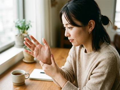 手首の痛みに悩む女性が、自分の手を見つめている。
