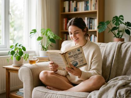 心理テストの本を読みながらリラックスする女性