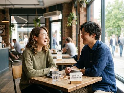 カフェで談笑する男女のイメージ