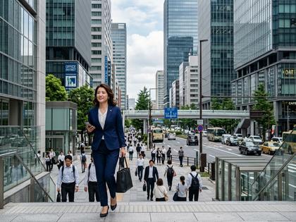 スーツ姿の女性が街を歩く都心のオフィス街イメージ