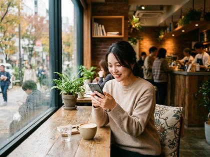 スマホを見ながらカフェでリラックスする20代後半の女性