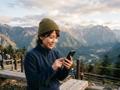 長野県の山々を背景にスマホでマッチングアプリを使う女性のイメージ