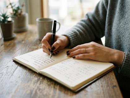 ノートに気持ちを書き出している若い女性の手元アップ