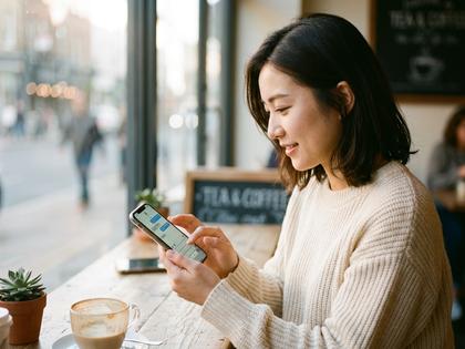 スマホでメッセージを打つ女性、柔らかい光の中