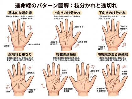 運命線の枝分かれや途切れなど、多様なパターンを示す手相図解。