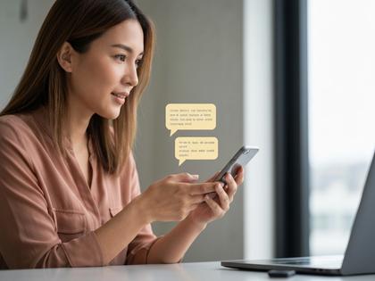 スマホでメッセージのやり取りをする女性、リラックスした雰囲気