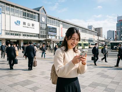 岡山駅前でスマホを見ながら微笑む20代女性のイメージ