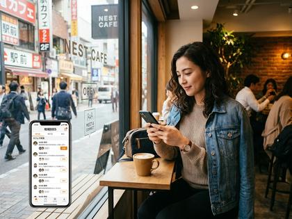 スマホで掲示板アプリを見ながらカフェで待ち合わせする女性