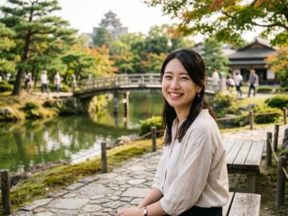後楽園の自然光の中で笑顔の女性のプロフィール写真イメージ