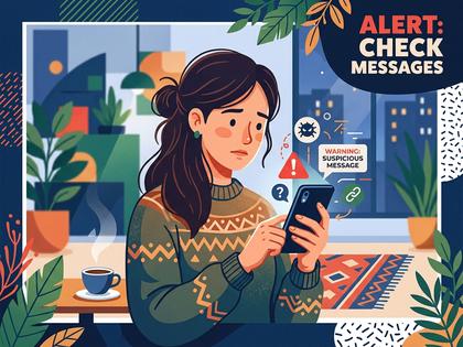 スマホ画面で怪しいメッセージをチェックする女性のイラスト