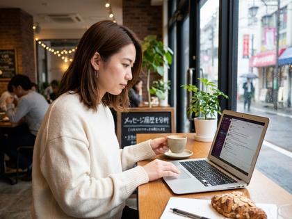 カフェでノートPCを開いてメッセージ履歴を分析する20代女性