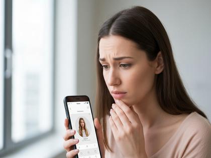 スマホでマッチングアプリの画面を見て少し不安そうな女性のイメージ