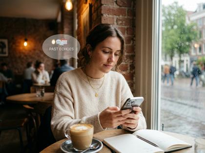 カフェでスマホを見ながらメッセージのやり取りを振り返る女性
