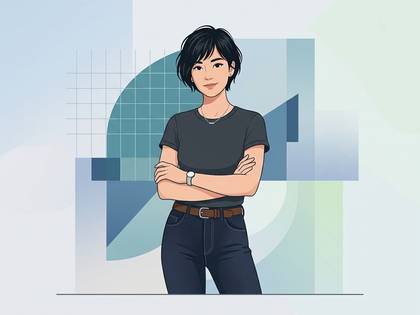 腕組みをして微笑むショートヘアの女性。背景は抽象的なビジネス図形。