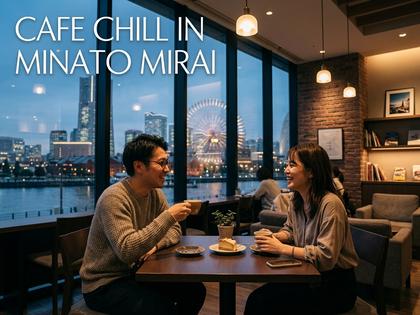 みなとみらいのおしゃれなカフェで会話を楽しむ男女