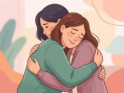 優しく抱き合う2人の女性のイラスト。