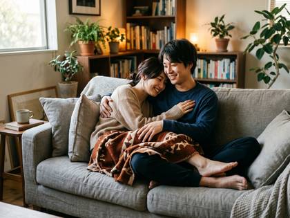 笑顔でソファに寄り添う男女。幸せそうなリビングの光景。