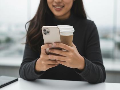 スマホを操作する女性とコーヒーカップのイメージ